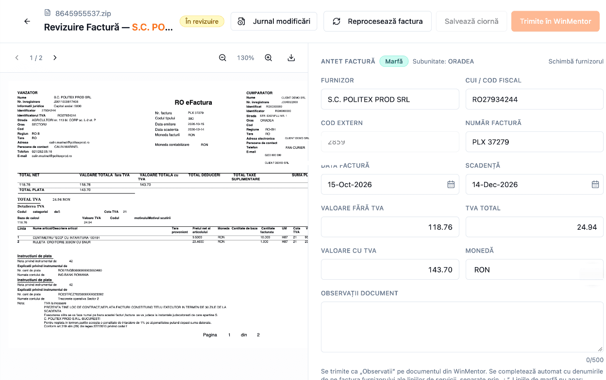 Invoice review: original e-invoice next to the extracted lines