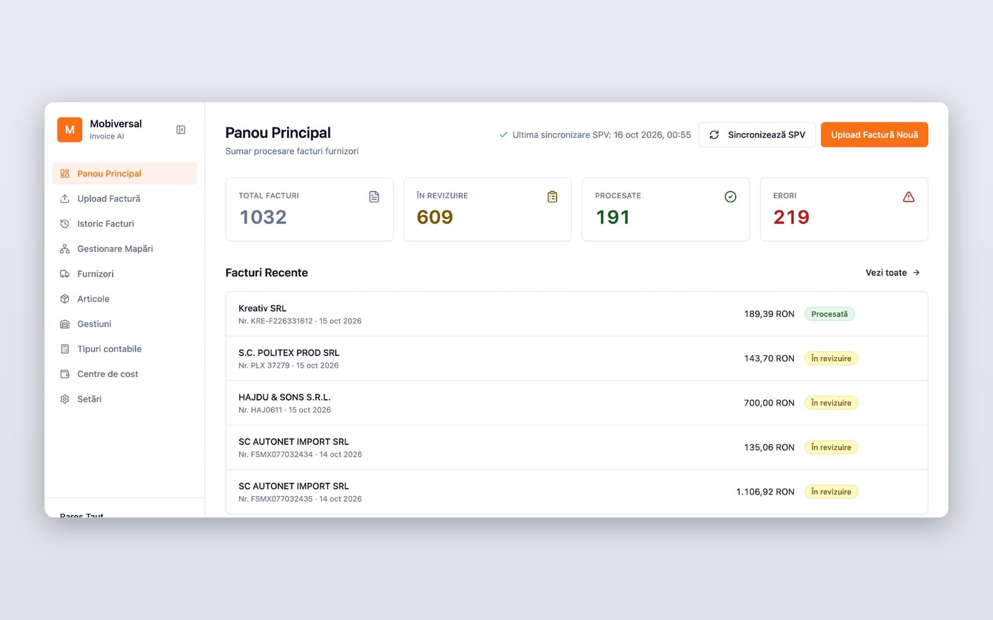 Invoice AI dashboard with the last SPV sync and invoice counts