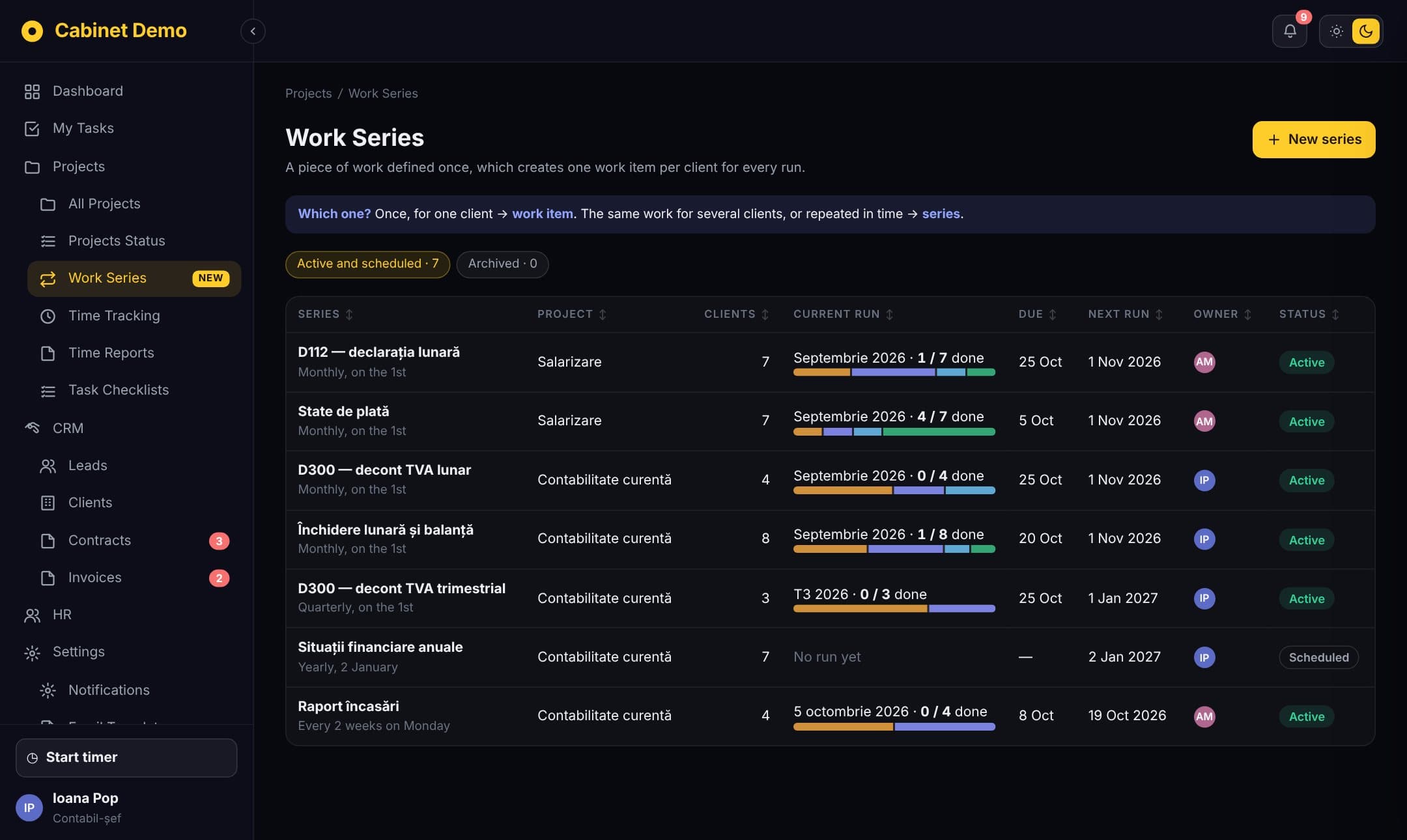 OfficeBoard Work Series screen with monthly returns per client